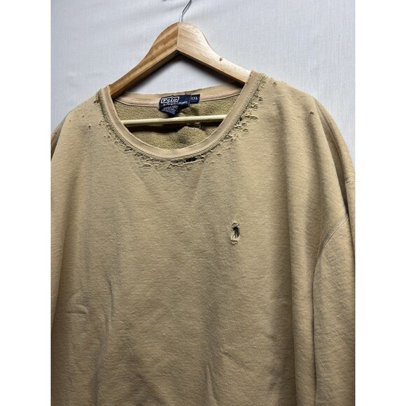 Vintage Distressed 90's Polo Ralph Lauren Tan Beige Crewneck Sweatshirt XXL - Picture 3 of 11